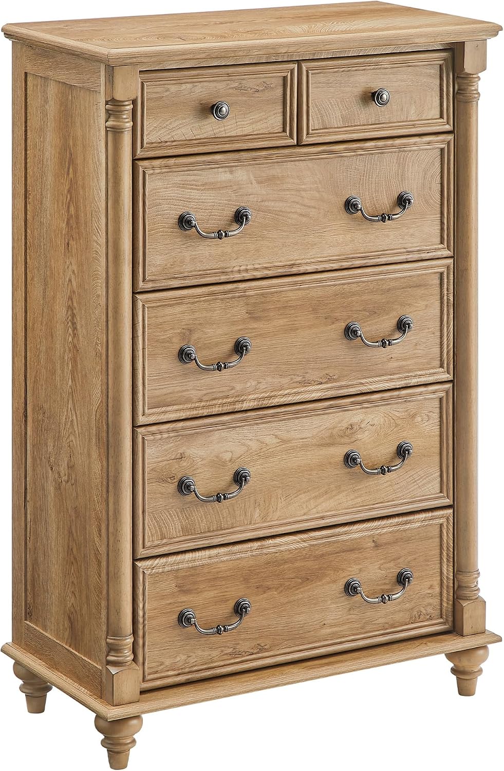 T4TREAM Farmhouse 6 Drawers Dresser Chests for Bedroom w/4 Solid Wood Feet &Column Decor, Tall Wood Rustic Chest of Drawers, Storage Dressers Organizer for Bedroom, Living Room, Light Tree Knot