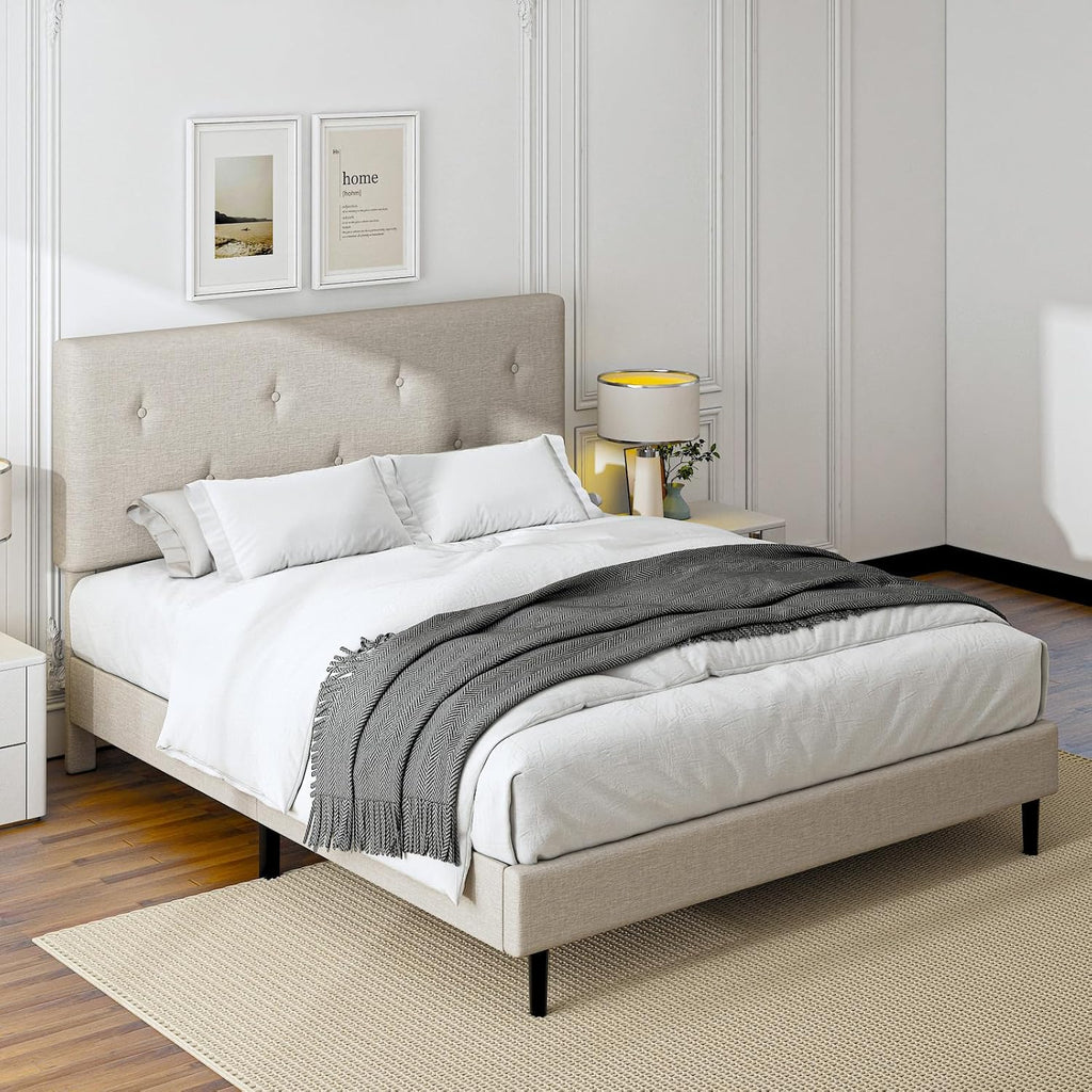 Full Size Linen Bed Frame, Upholstered Platform Bed Frame with Adjustable Headboard, Wooden Slats Support, No Box Spring Needed, Easy Assembly, Beige