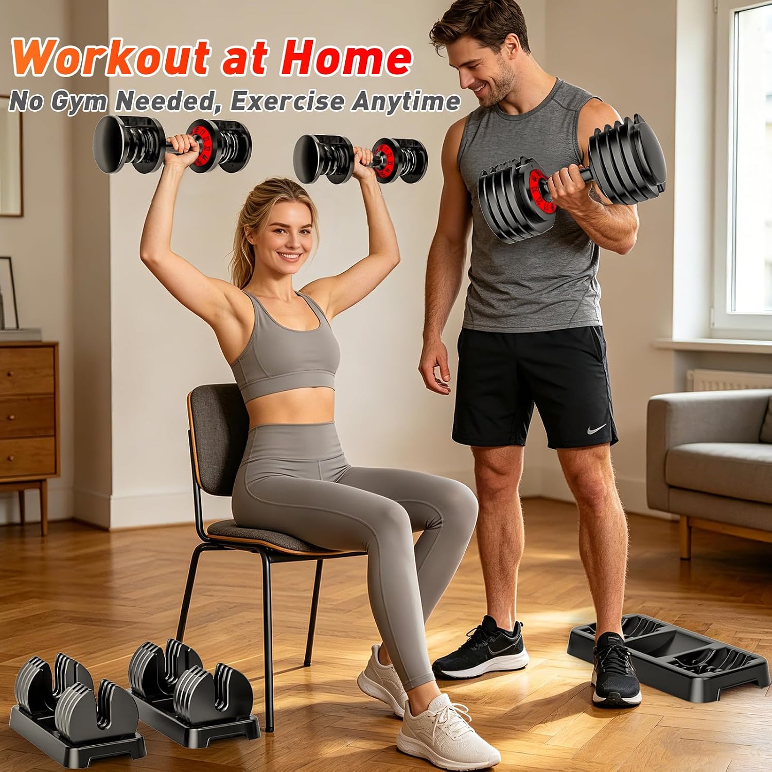 25/55lb Pair Adjustable Dumbbell Set, Adjustable Dumbbells Set of 2, 5 in 1/10 in 1 Free Weights Dumbbells Set with Anti-Slip Texture Handle, Weight Set For Home Gym Suit both Men and Women
