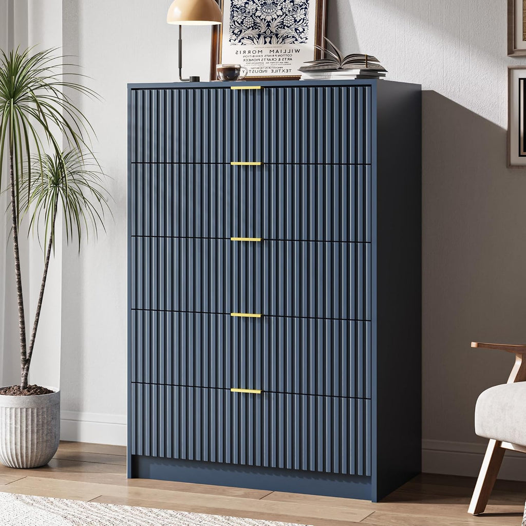 MAISONARIA 5 Drawer Dresser for Bedroom, Tall Dresser Chest of Drawers with Gold Handles, 32 Inch Wide Nightstand with for Bedroom, Living Rooms, Offices, and Entryways, Navy Blue