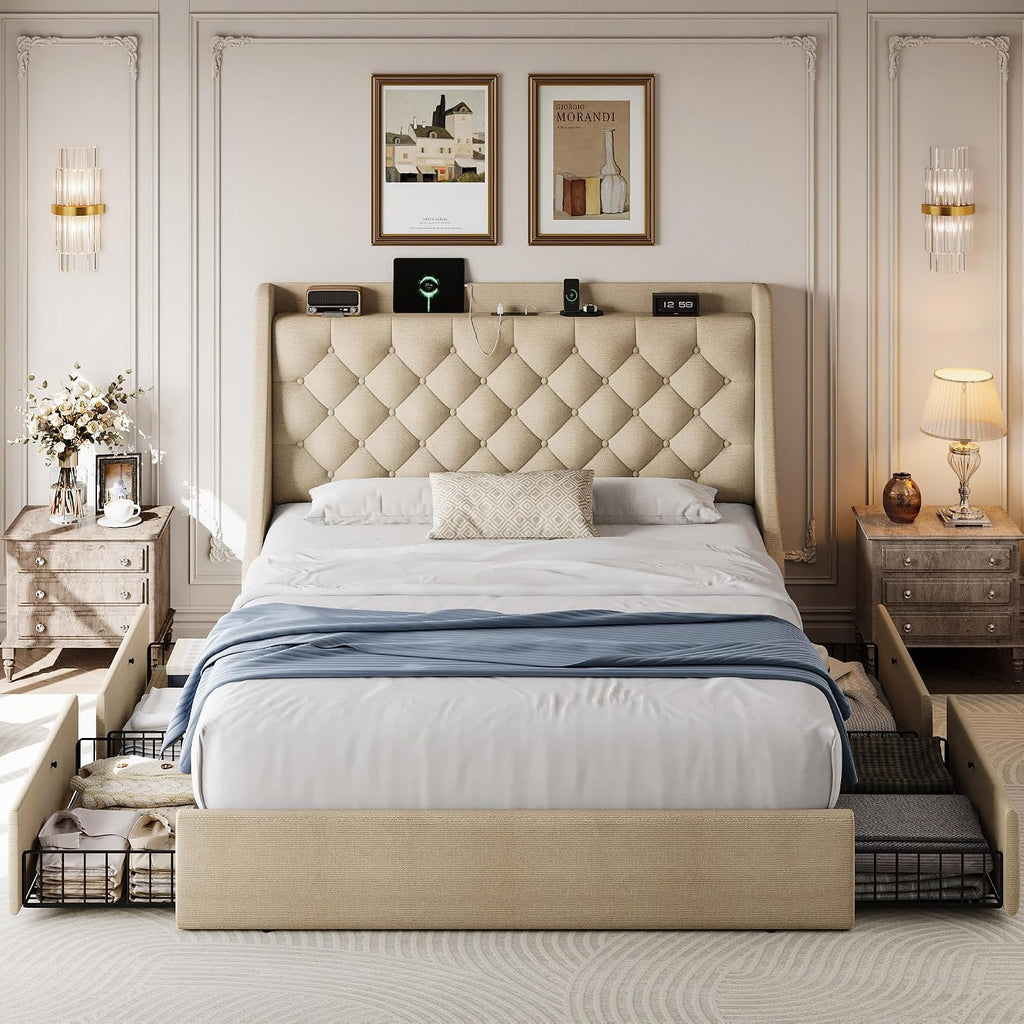 Full Size Upholstered Platform Bed Frame with 4 Storage Drawers and Charging Station, Linen Button Tufted Wingback Headboard, Sturdy Wooden Support Slats, No Box Spring Needed, Beige