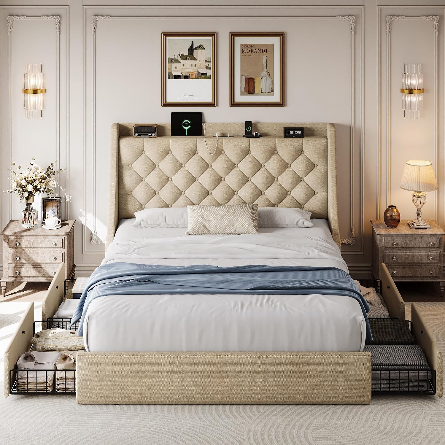 Full Size Upholstered Platform Bed Frame with 4 Storage Drawers and Charging Station, Linen Button Tufted Wingback Headboard, Sturdy Wooden Support Slats, No Box Spring Needed, Beige