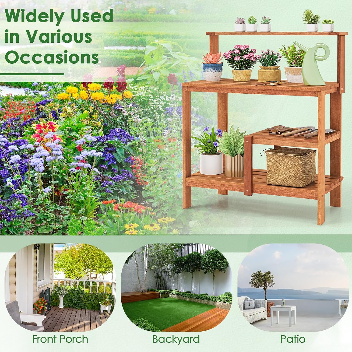 TANGZON Garden Potting Table, Solid Wood Potting Table with Trellis, Open Shelves, Teak Oil Finish, Gardening Workstation & Planting Work Table for Outdoor Patio Backyard Balcony