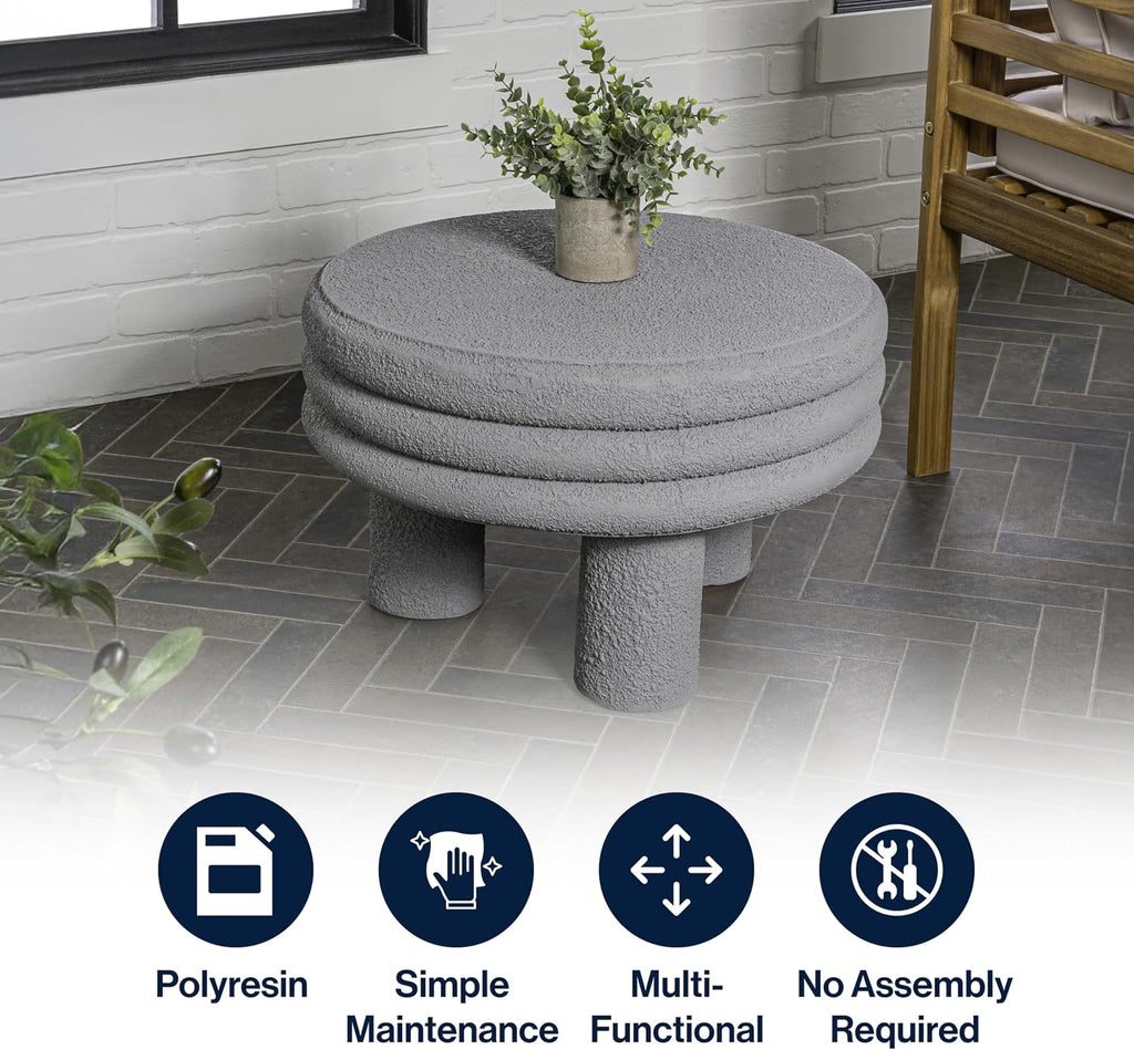 JONATHAN Y Rashida 13.5' Ribbed Polyresin Indoor Outdoor Table, Gray | Contemporary Curvy Minimalist Silhouette, Stacked Ring Motif, Tripod Pillar Base, Weather Resistant, Frosted Finish
