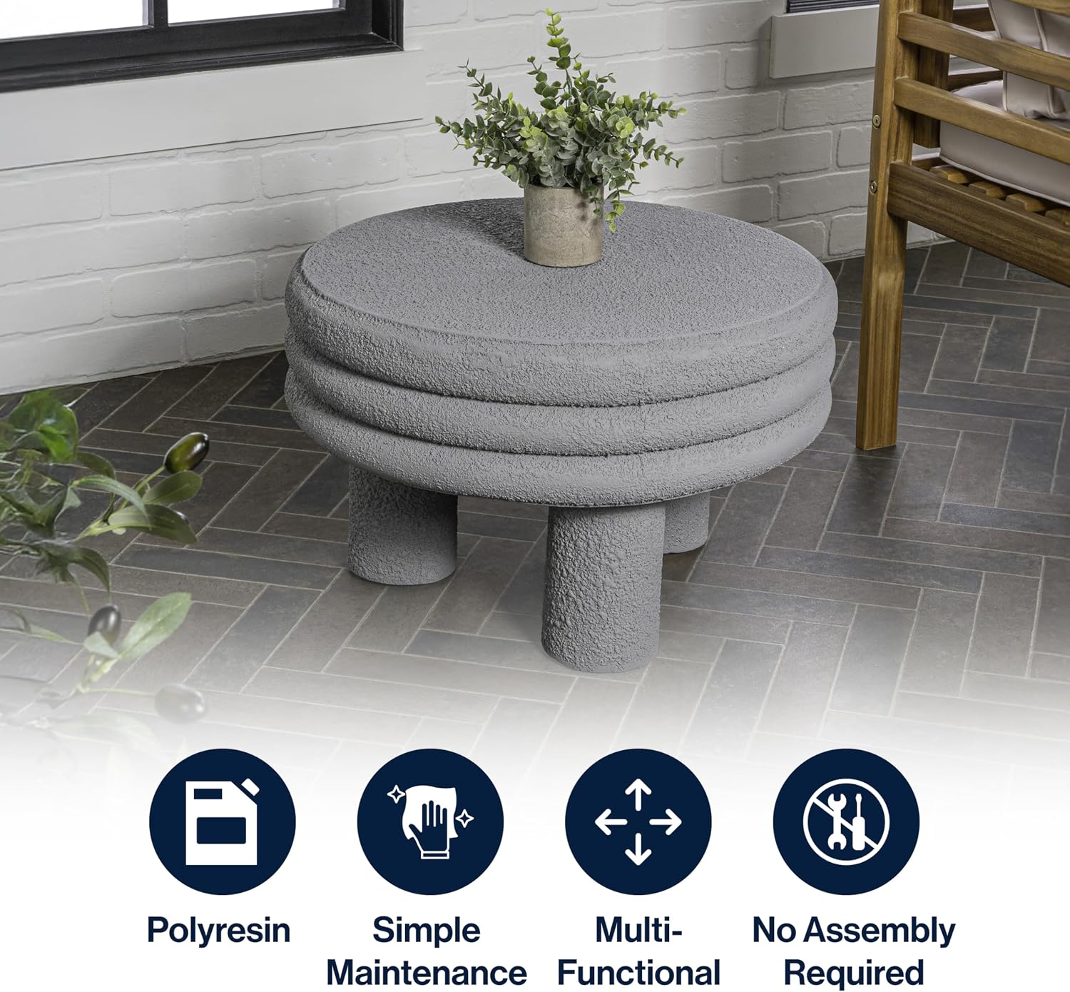 JONATHAN Y Rashida 13.5' Ribbed Polyresin Indoor Outdoor Table, Gray | Contemporary Curvy Minimalist Silhouette, Stacked Ring Motif, Tripod Pillar Base, Weather Resistant, Frosted Finish