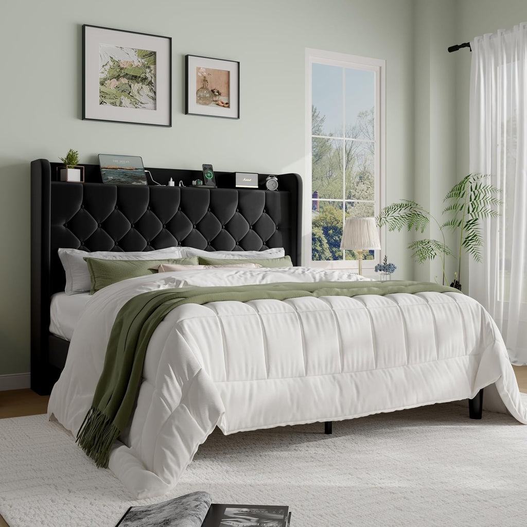 SHA CERLIN Full Size Platform Bed Frame with Charging Station, Velvet Wingback Headboard with Storage Shelf, Wooden Slats Support, Ample Under-Bed Space, No Box Spring Needed, Easy Assembly, Black