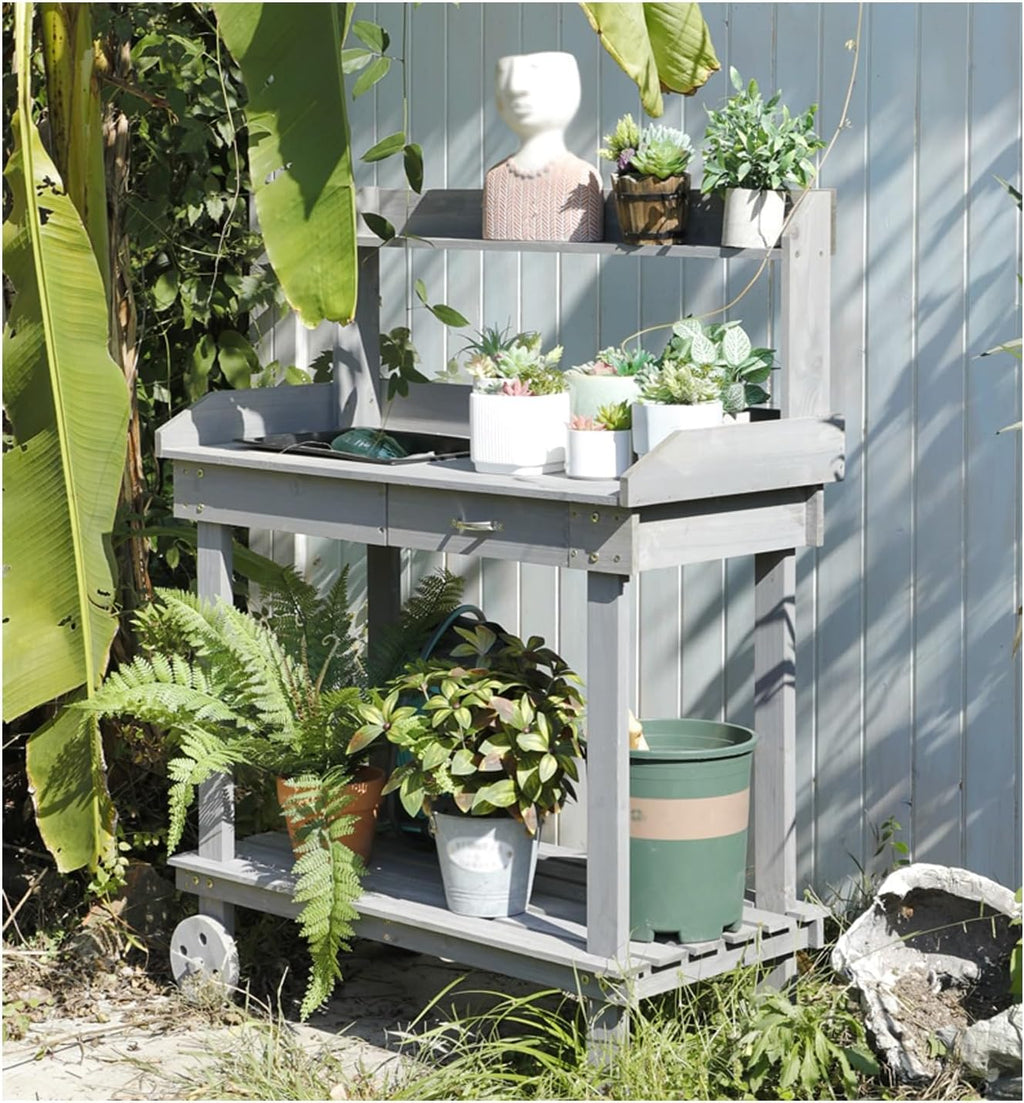Outdoor Potting Bench Table,Potting Bench Table,Wooden Gardening Plant Workstation,w/Wheels and Drawer Open Shelf,for Outside Patio Lawn Garden,