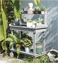 Outdoor Potting Bench Table,Potting Bench Table,Wooden Gardening Plant Workstation,w/Wheels and Drawer Open Shelf,for Outside Patio Lawn Garden,