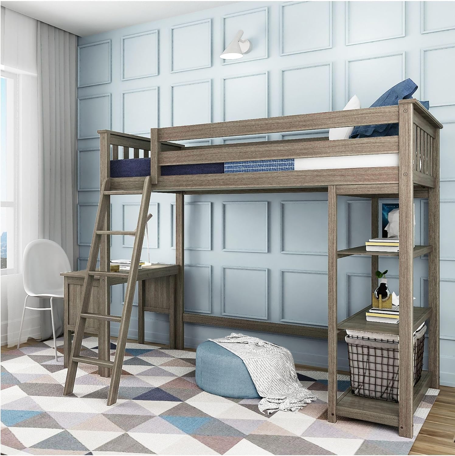 Max & Lily High Loft Bed, Twin Bed Frame for Kids With Bookcase and Desk, Clay