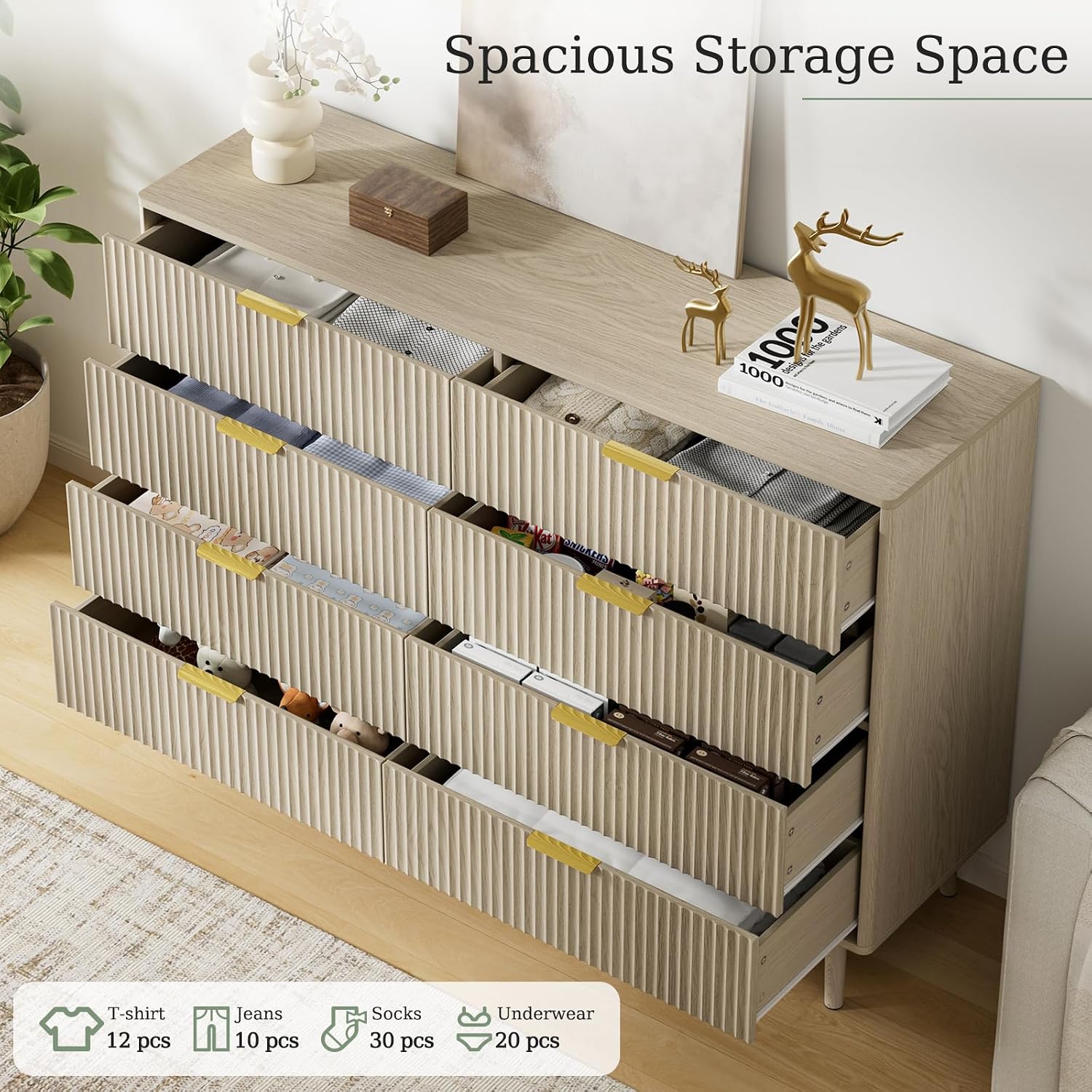 LYNSOM Fluted 8 Drawer Dresser for Bedroom, 55' Wide Modern Chest of Drawers with Curved Profile Design and Metal Handles, Wood Dresser TV Stand & Storage Organizer for Bedroom, Hallway, Beige