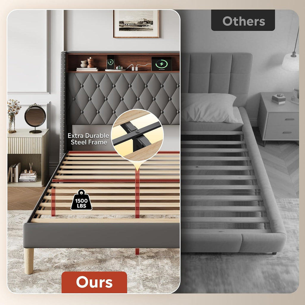 WLIVE Full Size Upholstered Bed Frame with 48'' Tall Wingback Headboard, Velvet Square Tufted Platform Beds with Charging Station, Sturdy Metal & Wooden Slats Support, Grey