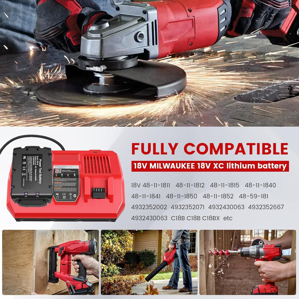 4 Pack Milwaukee 18V Battery & Rapid Charger Kit, 18V 6.0Ah Replacement for Milwaukee Mk18 Battery Compatible with Mk-18 48-11-1850 48-11-1840 48-11-1890 48-11-1815 Cordless Tools