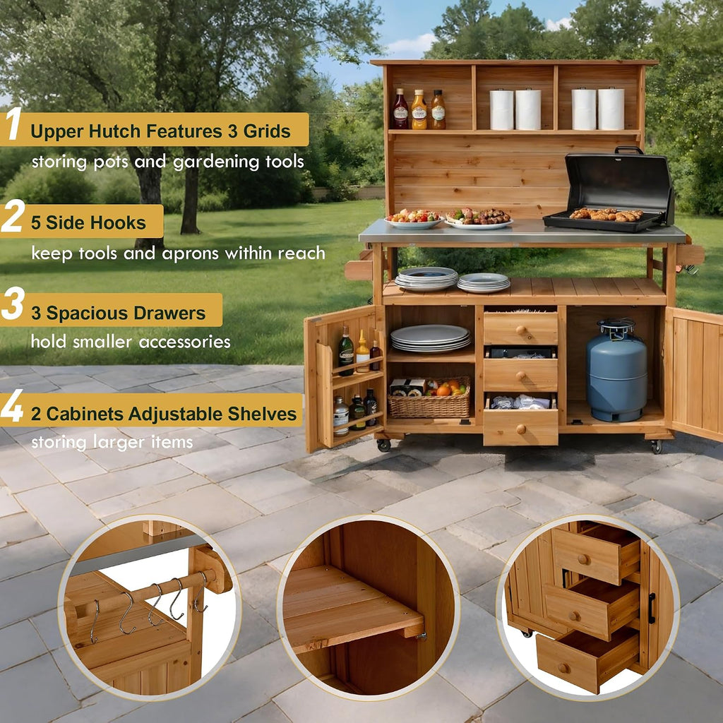 65''H Large Garden Storage Potting Bench with Lockable Wheels, Wood Outdoor Kitchen Island with Stainless Steel top, Drawers, Door Shelves and Hutch (Natural-Wheels)