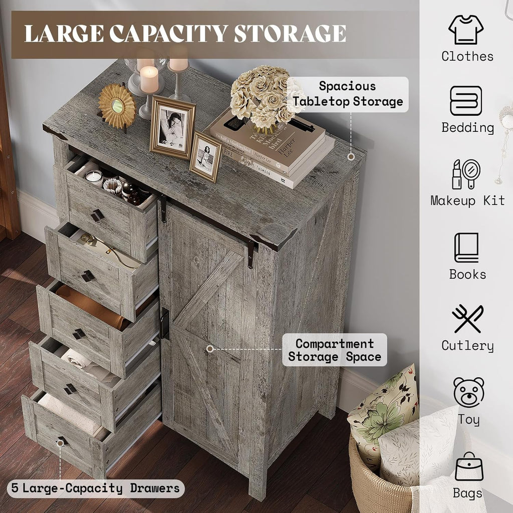 AMERLIFE 4 Pieces Farmhouse Bedroom Set, Includes Full Size Bookcase Headboard Bed Frame, 5 Drawer Tall Dresser, 47'' Dresser with 4 Drawers, 60' Dresser with 4 Drawers, Light Rustic Oak