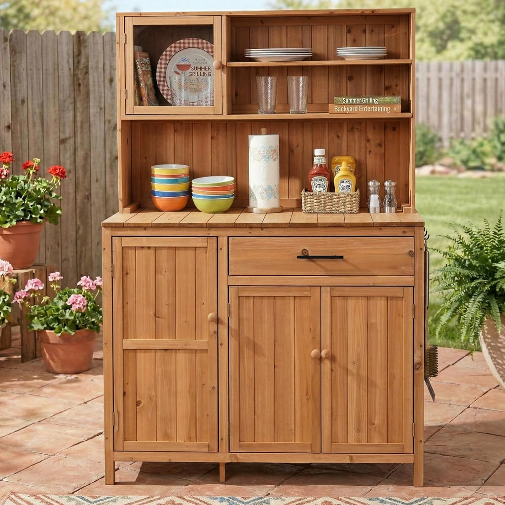 65' H Potting Bench with Hutch and Cabinet, Multi-Functional Outdoor Patio Kitchen Island with Adjustable Shelf and Side Hook, Garden Table with Storage Drawers and Spice Rack Natural