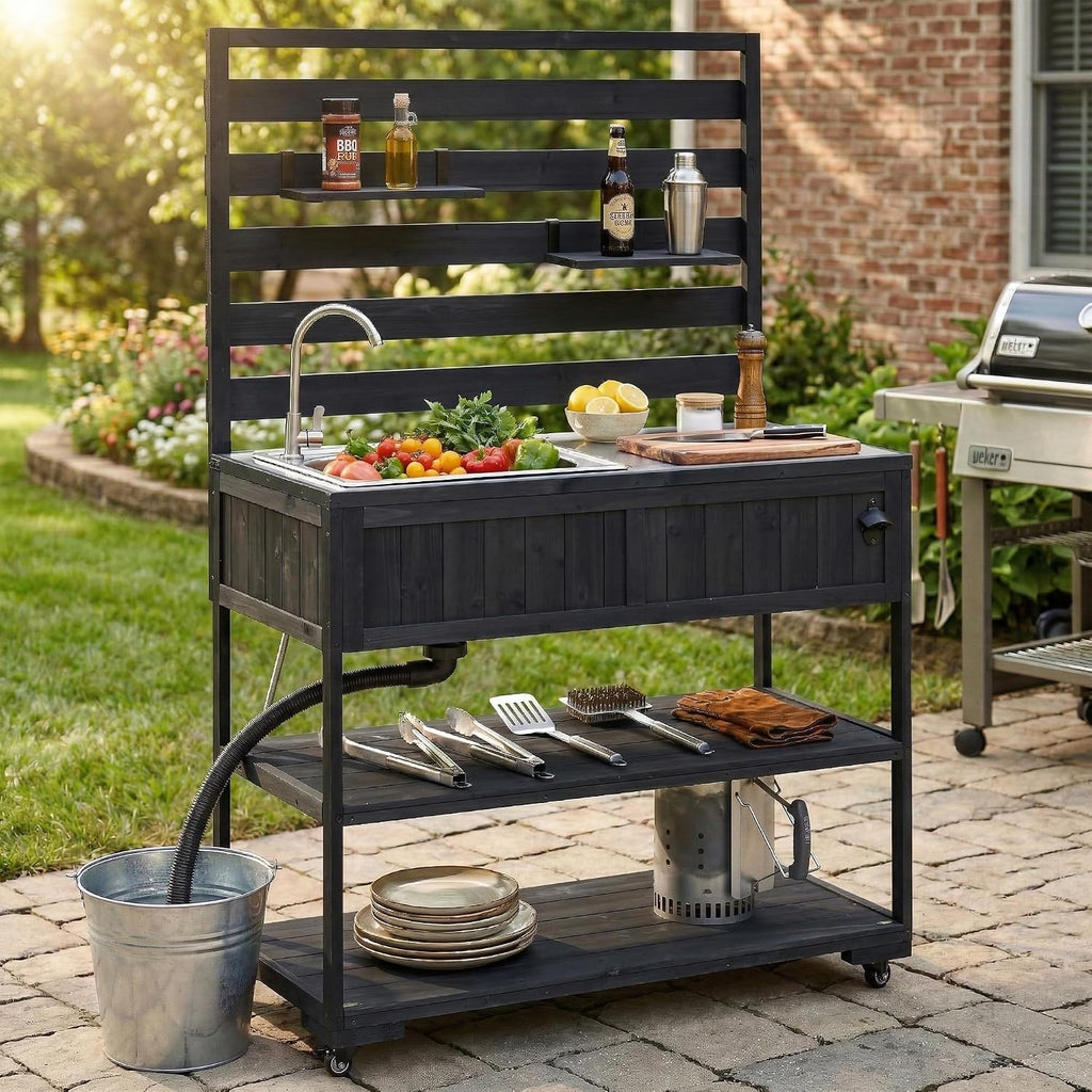 41.7'' Large Patio Rolling Kitchen Island,Solid Wood Kitchen Cart with Sink,Garden Potting Bench with Stainless Table Top,2 Movable Shelves and 1 Bottle Opener (Black-J)