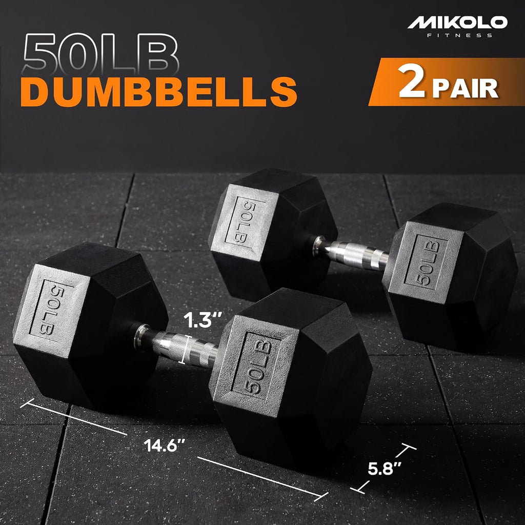 Mikolo Dumbbell Sets with Rack, Rubber Hex Dumbbells, Multiple Choices in 160/200/380/450/550LB, Hand Weights with Chrome Handle for Strength Training
