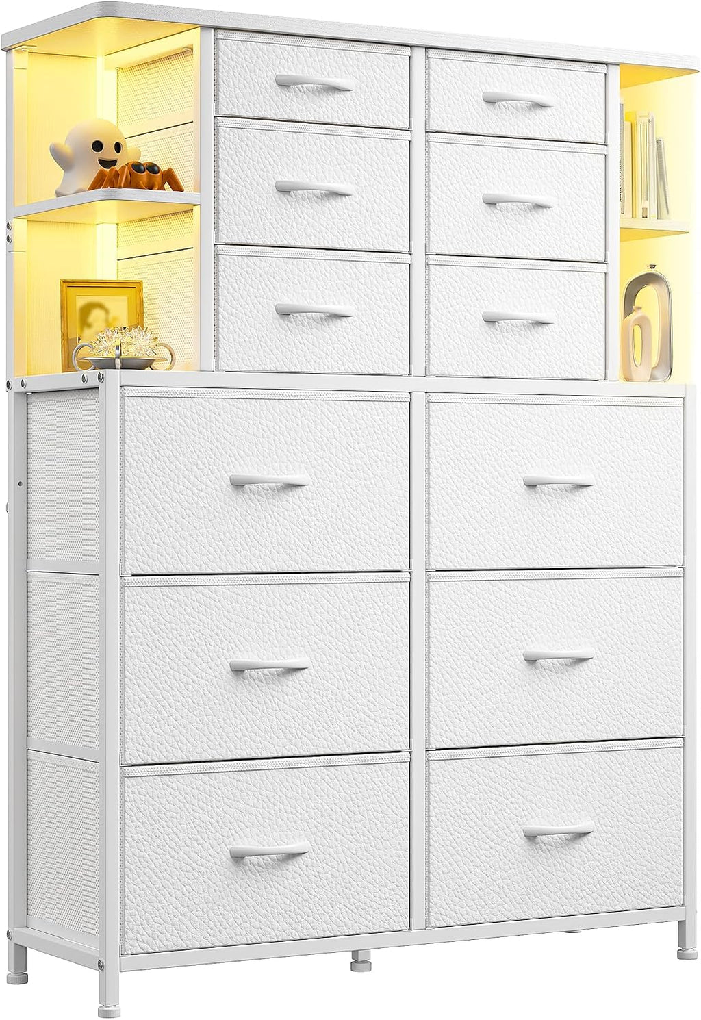 White Dresser for Bedroom with 12 Drawers & LED Lights,4 Open Storage Shelves, Fabric Dressers & Chests of Drawers for Living Room, Entryway, Dorm, Metal Frame, Wood Top,45.2' H x 35.4' W x 11.8' D