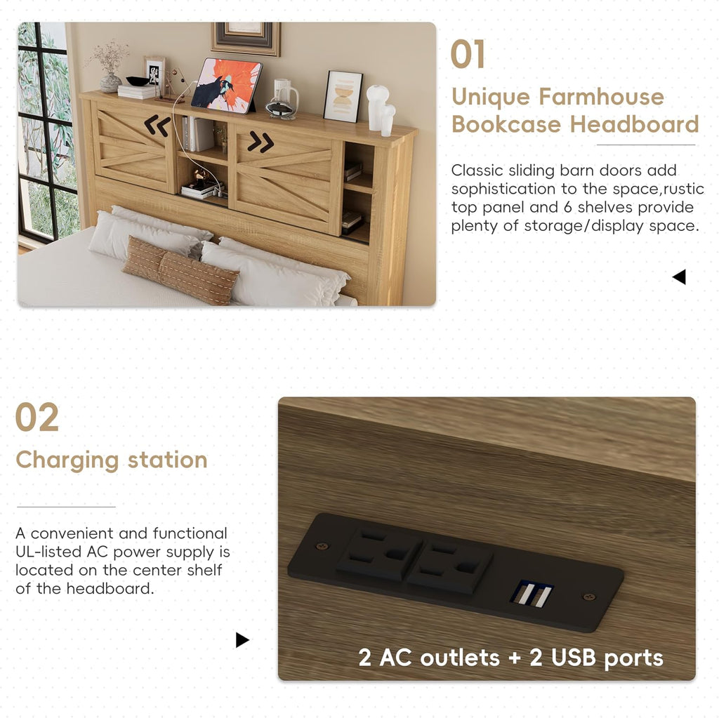 Farmhouse 3-Piece Full Size Bedroom Furniture Set, Platform Bed with Double Sliding Door Storage Headboard & Charging Station, Bed Frame with Storage Nightstand and Dresser (Natural, Queen) | 3-Piece