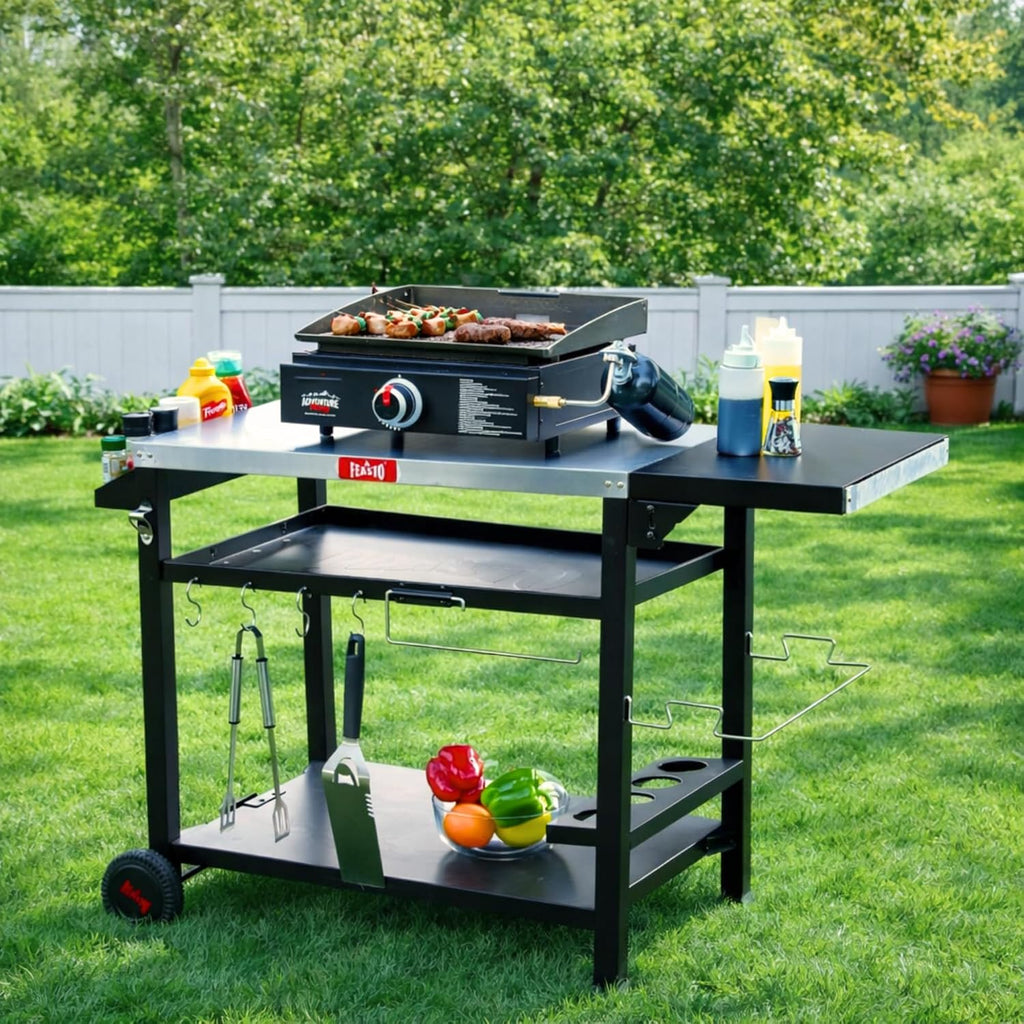 Feasto 40x26 Grill Cart, Stainless Steel Top, 3-Shelf with Wheels & Cover | Pizza Oven Table, Pizza Oven Stand, BBQ Grill with Wheels for Food Prep, Outdoor & Indoor, Dining, Kitchen Cart Table