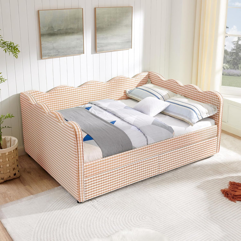 DEINPPA Full Size Upholstered Daybed with 2 Storage Drawers, Gingham Daybed with USB Ports for Bedroom Living Room Guest Room-Pink