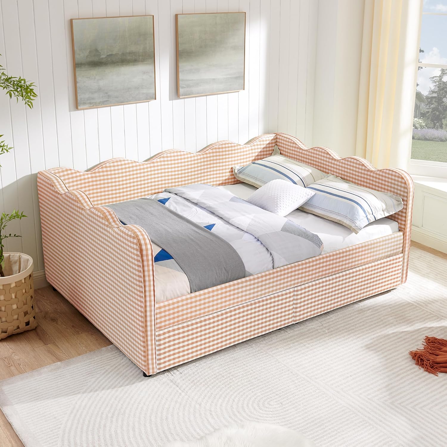 DEINPPA Full Size Upholstered Daybed with 2 Storage Drawers, Gingham Daybed with USB Ports for Bedroom Living Room Guest Room-Pink