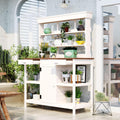 Outdoor Garden Potting Bench Table, 66' Large Farmhouse Wooden Garden Potting Table with 2 Drawers, Cabinet and 4-Tier Open Shelves, Garden Workstation Backyard Mudroom (White Frame+Brown top)