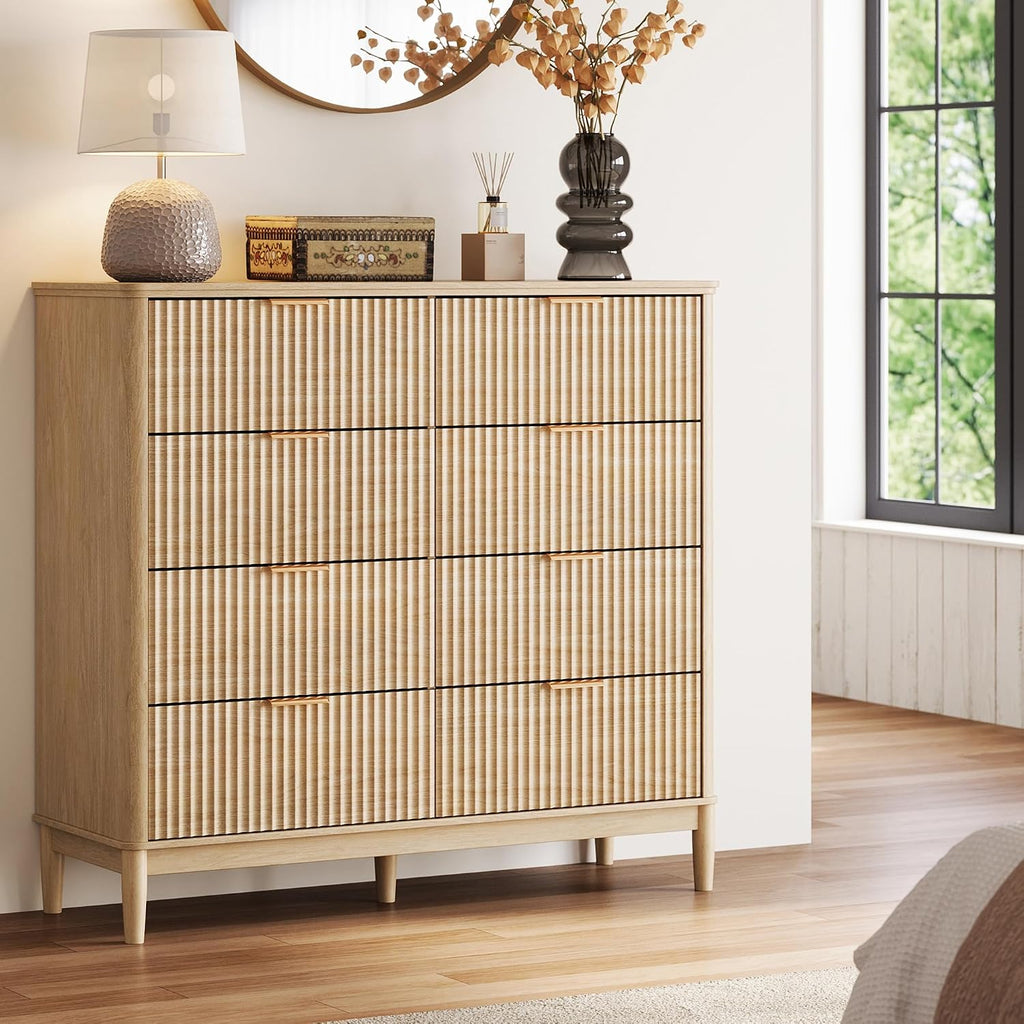 LINSY HOME Fluted Dresser for Bedroom with 8 Drawers, 47' Wide Mid Century Modern Dressers, Tall Boho Chest of Drawers, Large Wood Accent Storage Cabinet for Living Room, Curved Profile Design, Oak