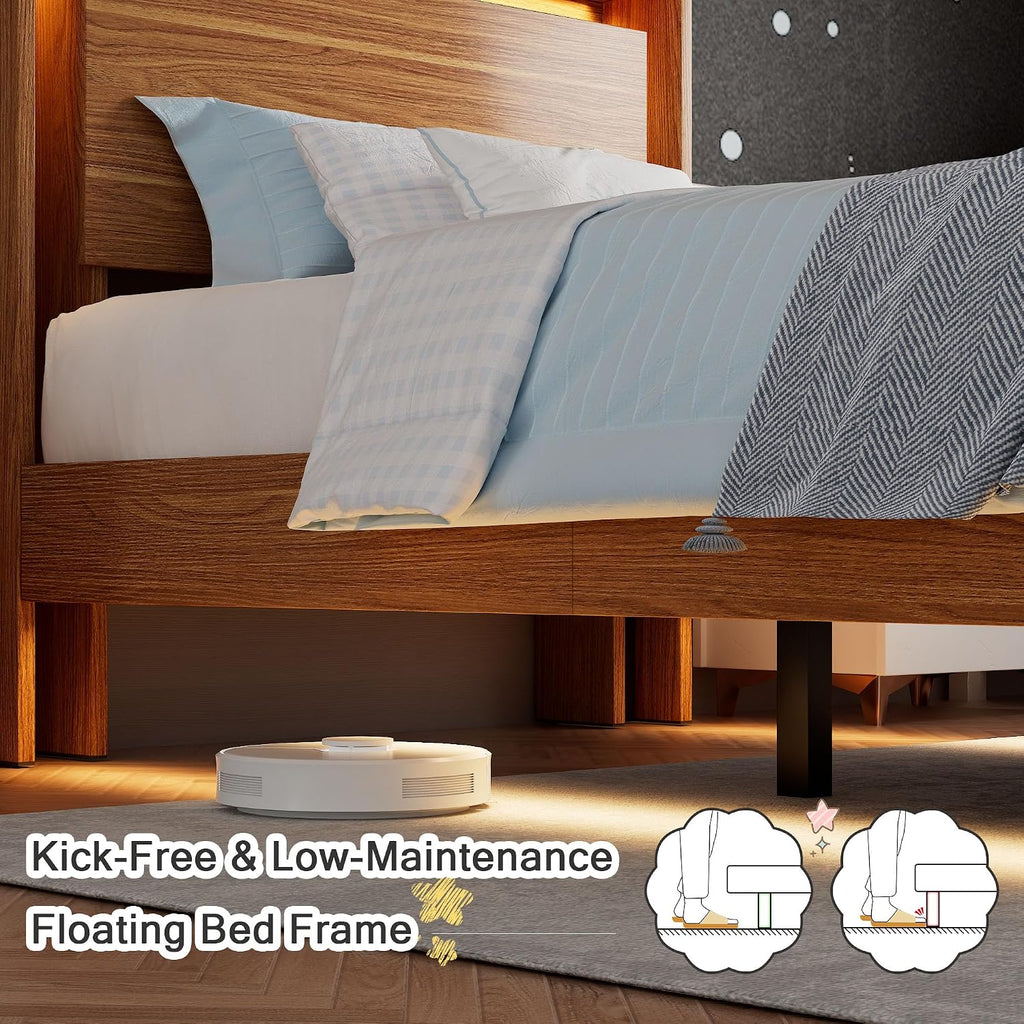 Einhomn Twin Bed Frame with Storage Headboard & LED Lights – Wood Floating Bed Frame with Charging Station, Non-Slip Slat, Kick-Free & Noise-Free Design, Easy Assembly, Walnut