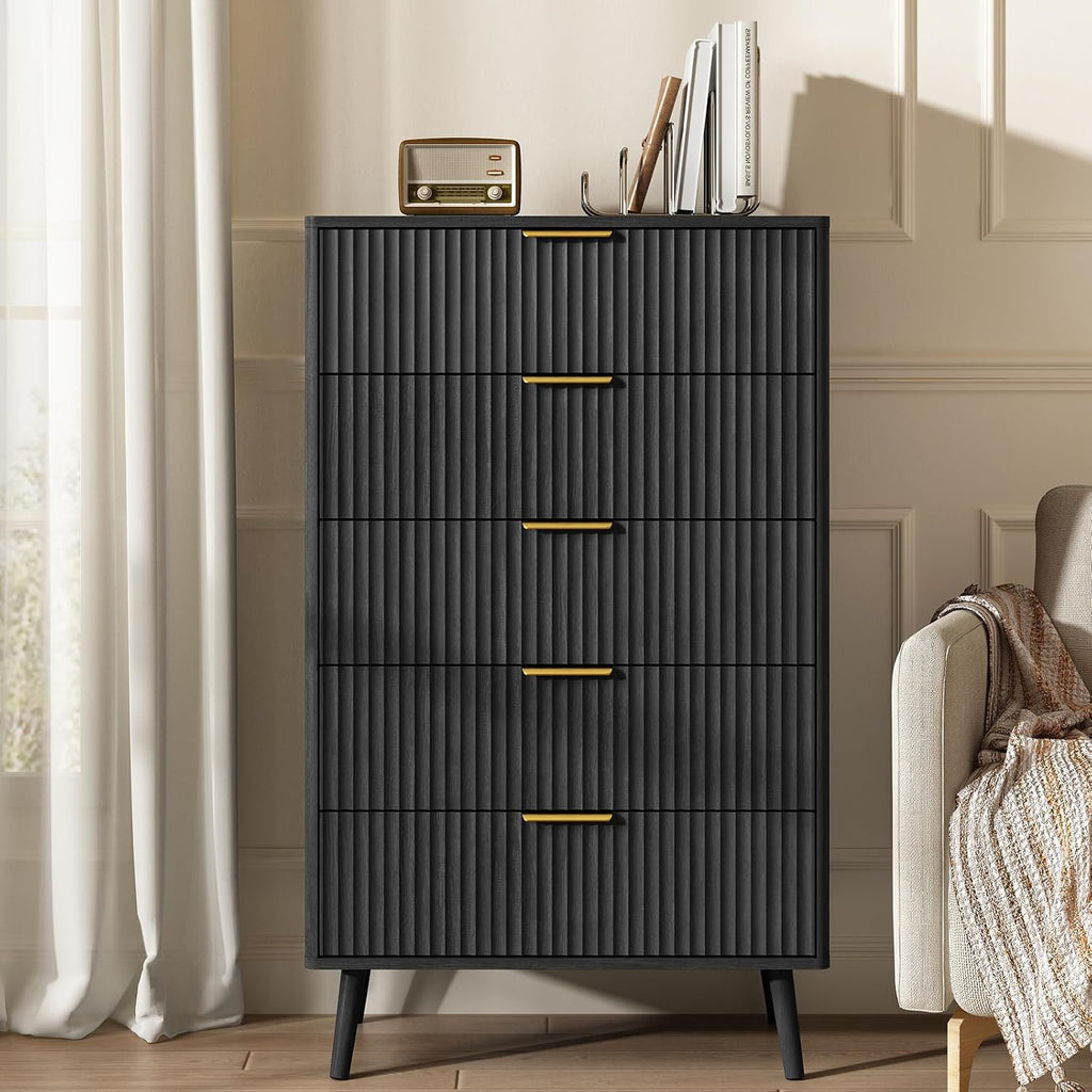 CARPETNAL Fluted 5 Drawers Dresser for Bedroom, 45' Tall Wooden Chest of Drawers with Rounded Corners, Gold Handles, Modern Storage Organizer for Bedroom, Hallway (Black)