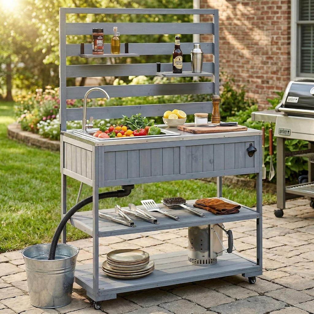 Polibi 41.7' Outdoor Kitchen Island with Sink, Solid Wood Rolling Patio Cart with Stainless Steel Top, Movable Shelves and 1 Bottle Opener,BBQ Station Garden Potting Bench, Gray