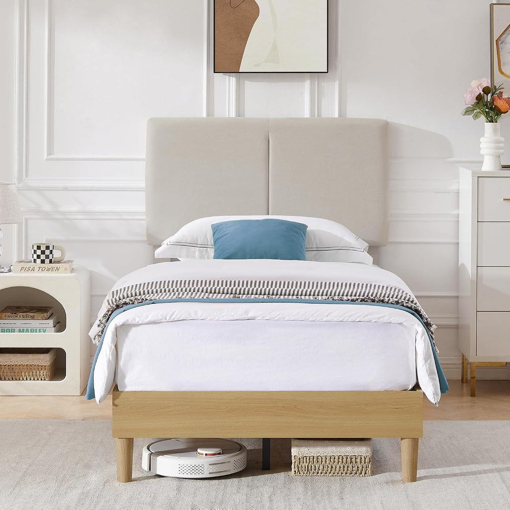 VECELO Twin Size Bed Frame Upholstered Platform Height-Adjustable Cotton and Linen Headboard, Heavy Duty Wood Slats, Noise-Free, No Box Spring Needed, Easy Assembly, Beige