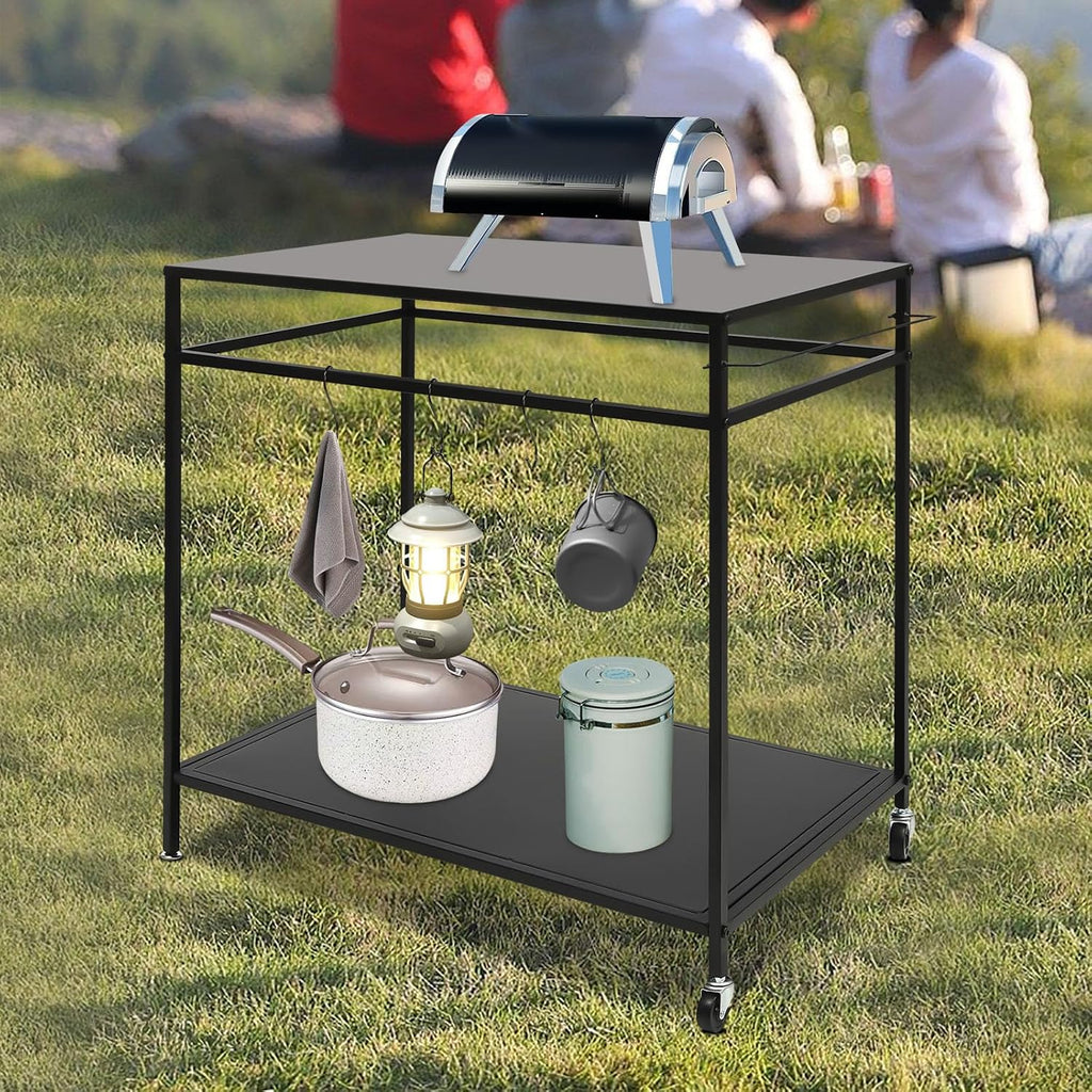 Grill Cart, 2Tier Stainless Steel Movable Food Prep Table, Black | Double Wide Shelves 4 Hanging Hooks Maximize Outdoor Cooking Storage Room