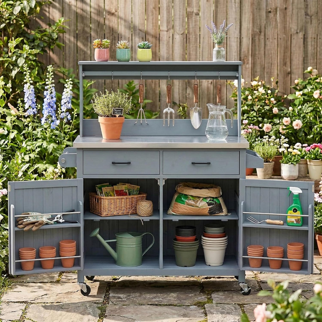 54.1' Outdoor Kitchen Island with Stainless Steel Top and High Shelf, Solid Wood Grill Cart with Lockable Wheels and Cabinet for BBQ, Outdoor Potting Bench Table for Garden, Gray Blue