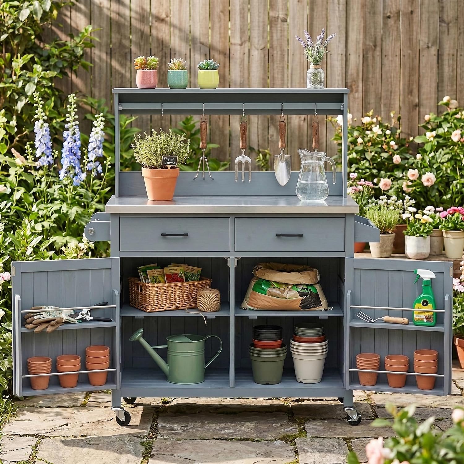 54.1' Outdoor Kitchen Island with Stainless Steel Top and High Shelf, Solid Wood Grill Cart with Lockable Wheels and Cabinet for BBQ, Outdoor Potting Bench Table for Garden, Gray Blue