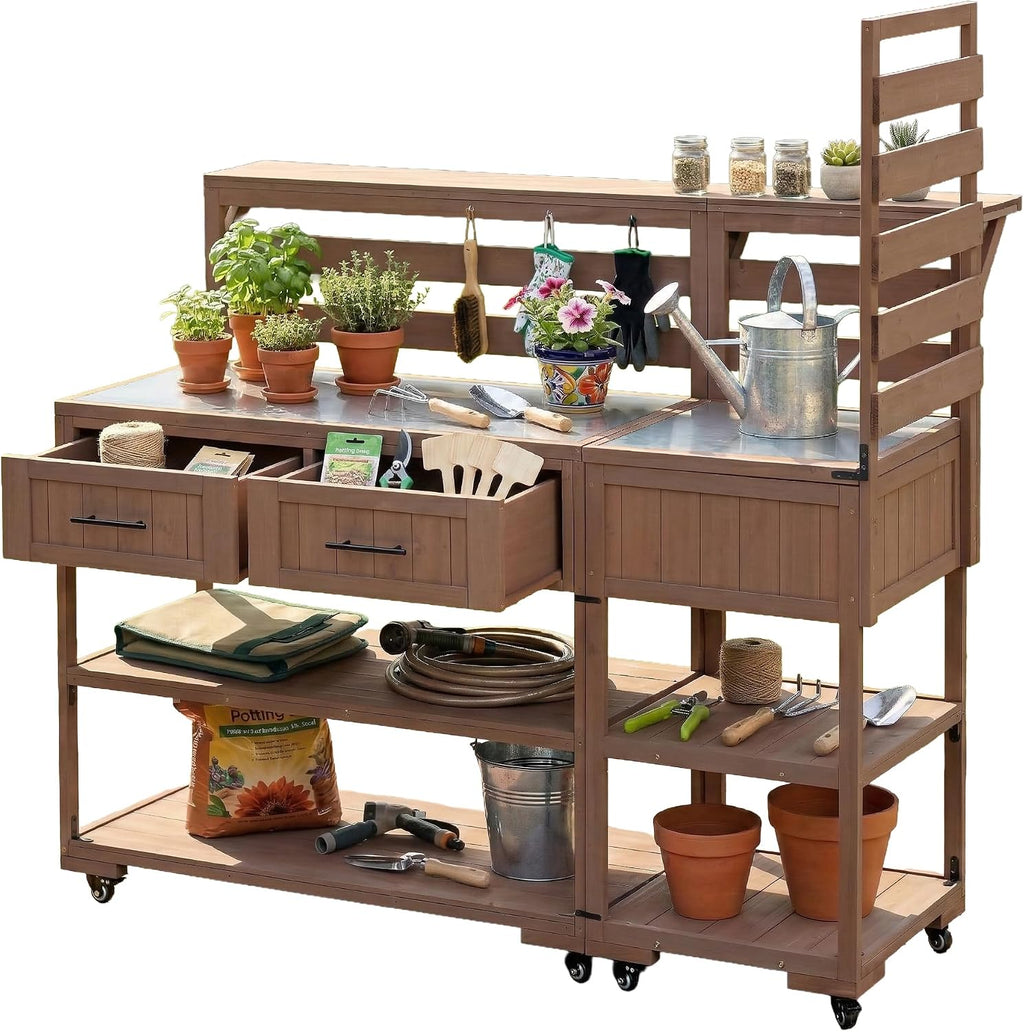 Patio Potting Bench Table with Stainless Table Top, Outdoor Large Garden Workstation on Wheels with Raised Shelf and Drawers for Backyard (Brown)