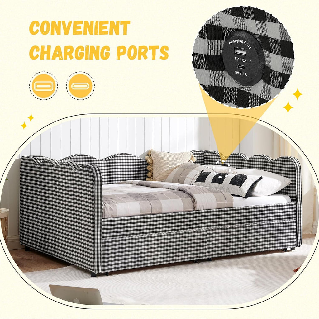 DEINPPA Full Size Upholstered Daybed with 2 Storage Drawers, Gingham Daybed with USB Ports for Bedroom Living Room Guest Room-Black