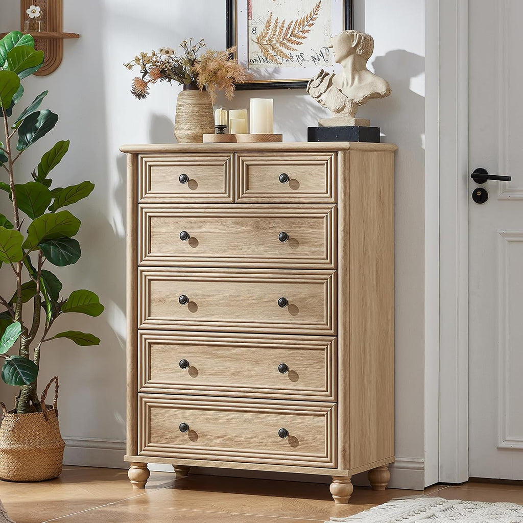 RWYHG Farmhouse 6 Drawer Dresser, 15.75'D x 31.5'W x 43.5'H Chest of Drawers for Bedroom, Natural Tall Dresser with 4 Solid Wood Feet, Wood Storage Dressers Organizer for Living Room Hallway Closet