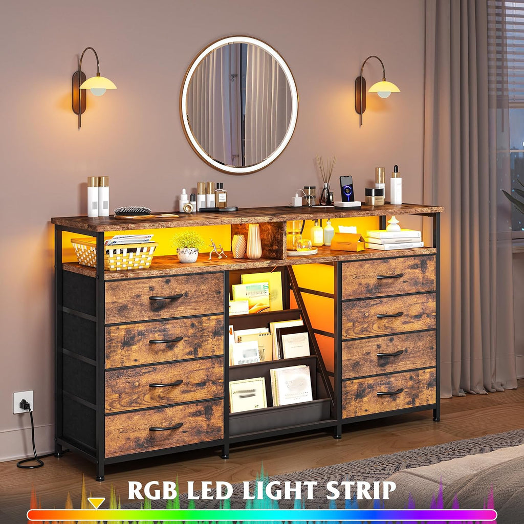 EnHomee 55 ' W Dresser for Bedroom with Bookrack & 8 Fabric Drawers, Dresser TV Stand with Power Outlet & LED Lights for 65 Inch TV, Chest of Drawers for Cabinet, Entryway,Rustic Brown