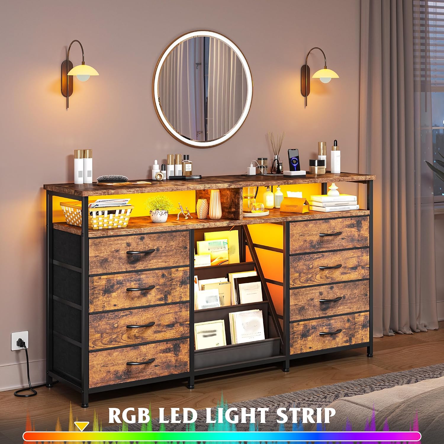 EnHomee 55 ' W Dresser for Bedroom with Bookrack & 8 Fabric Drawers, Dresser TV Stand with Power Outlet & LED Lights for 65 Inch TV, Chest of Drawers for Cabinet, Entryway,Rustic Brown