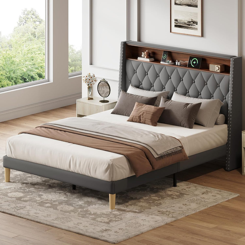WLIVE Queen Size Upholstered Bed Frame with 48'' Tall Wingback Headboard, Velvet Square Tufted Platform Beds with Charging Station, Sturdy Metal & Wooden Slats Support, Grey