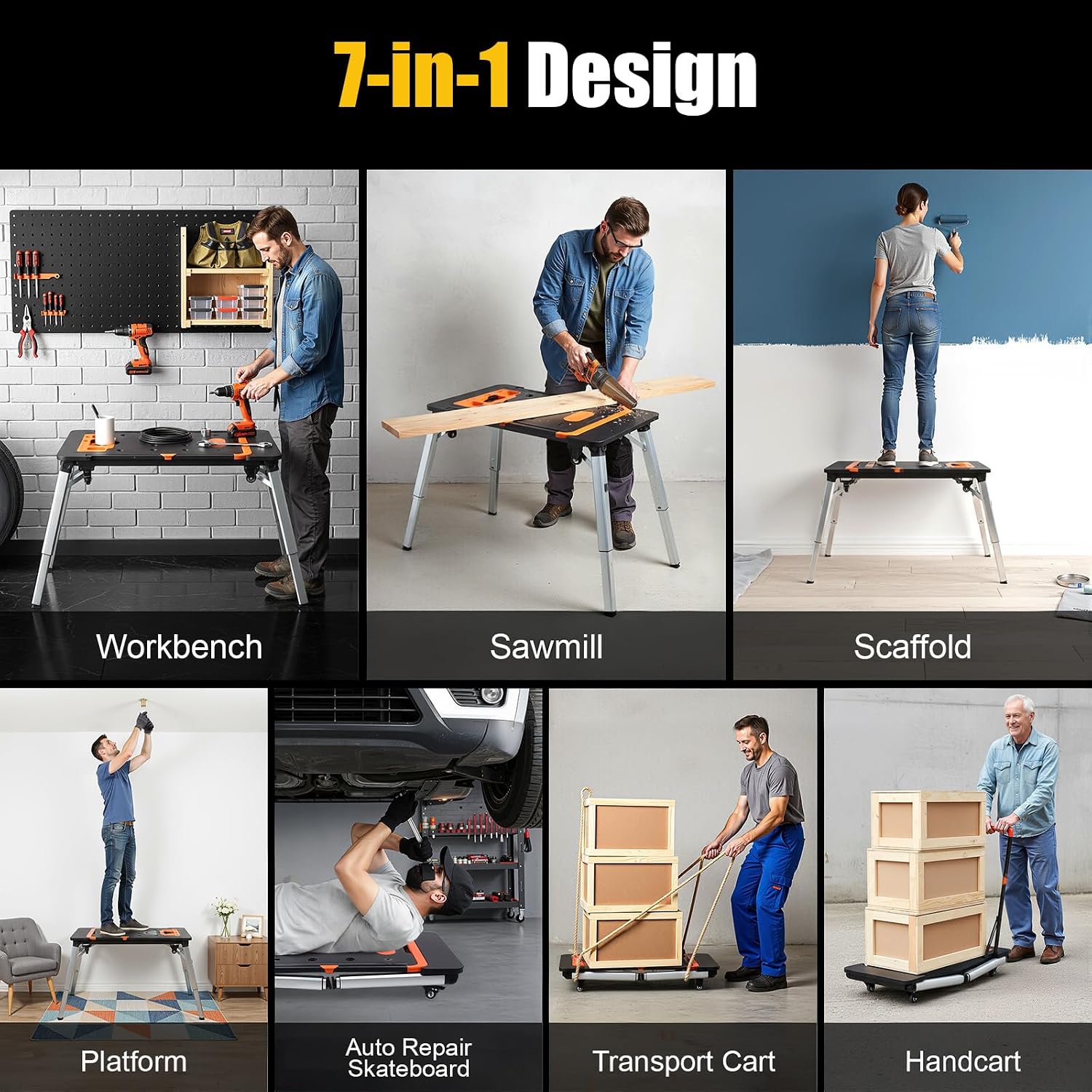 7-in-1 Multifunctional Work Platform Portable Workbench Handcart 551lbs Scaffolding Sawhorse Workbench with Garage Woodworking Adjustable Height Car Creeper Dolly and Hand Truck with 4 Wheels