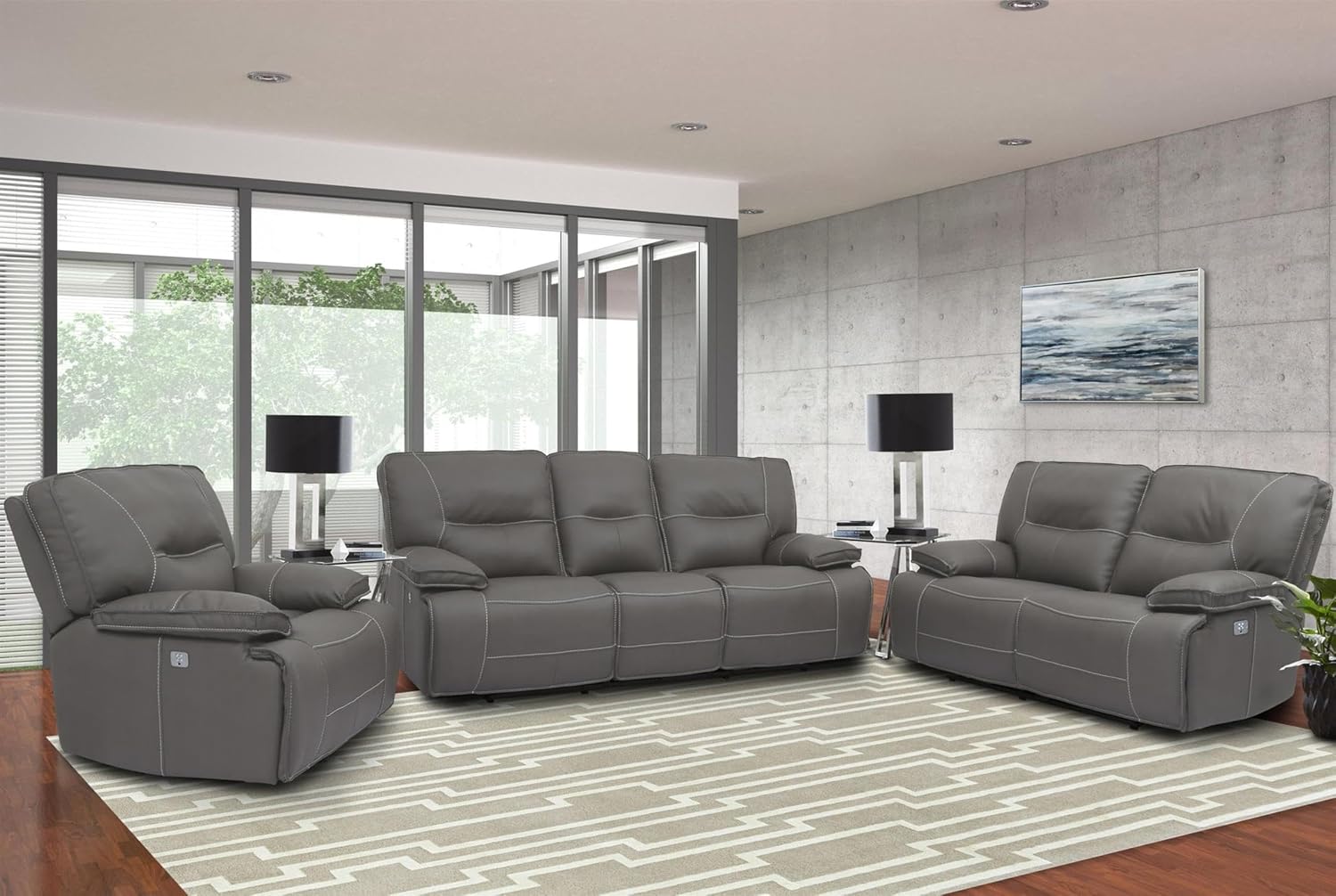 Pemberly Row Haze Power Reclining Sofa Set, Upholstered High-Performance Fabric, Wall-Hugger Design, USB Charger, Wide Armrests, Includes Sofa, Loveseat, Recliner, Living Room Furniture, 1080 lbs