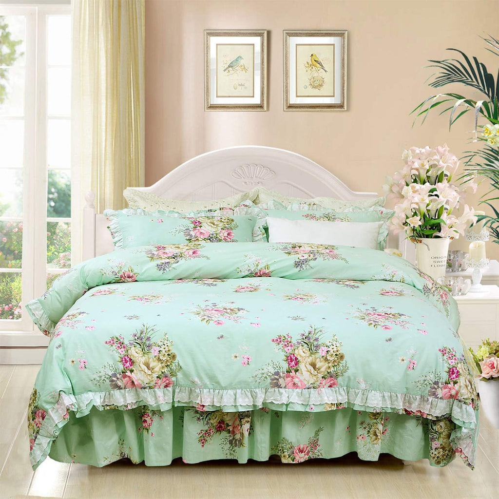 FADFAY Shabby Green Floral Bedding 100% Cotton Princess Lace Ruffle Girls Duvet Cover Set with Bedskirt, 4Pcs, King Size