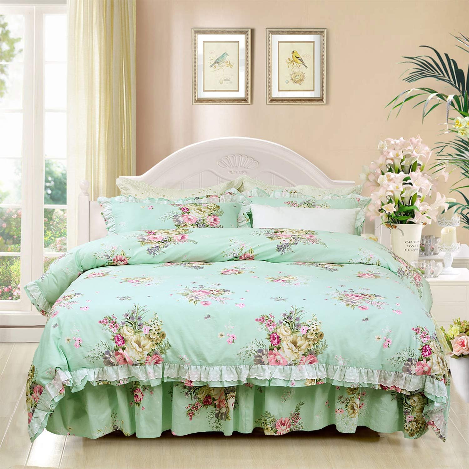 FADFAY Shabby Green Floral Bedding 100% Cotton Princess Lace Ruffle Girls Duvet Cover Set with Bedskirt, 4Pcs, King Size