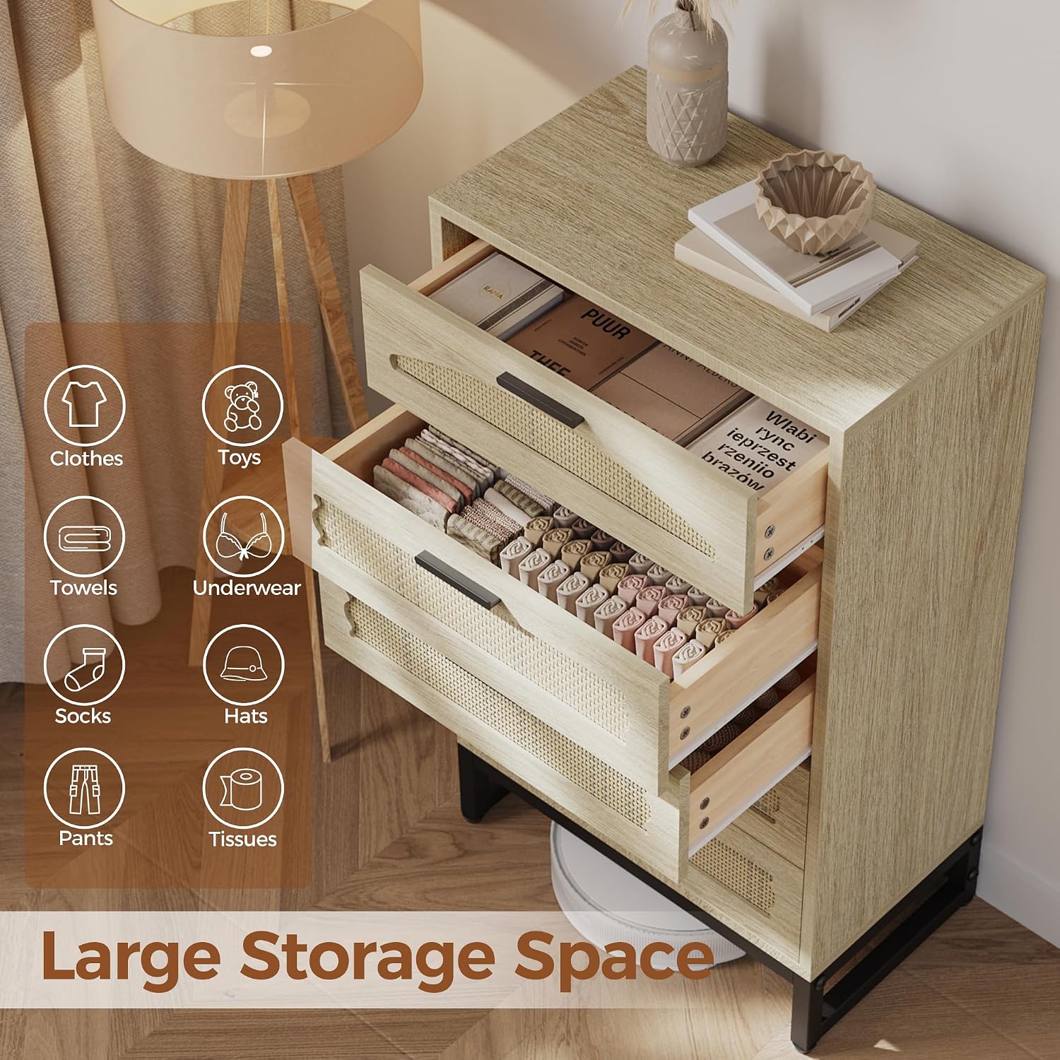 Mericonia 5 Drawer Rattan Dresser for Bedroom, Wood Tall Dresser for Closet with Metal Handles, Boho Nightstand Sets, Dressers & Chests of Drawers for Bedroom, Hallway and Entryway, Oak
