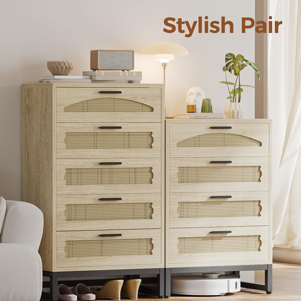 Mericonia 5 Drawer Rattan Dresser for Bedroom, Wood Tall Dresser for Closet with Metal Handles, Boho Nightstand Sets, Dressers & Chests of Drawers for Bedroom, Hallway and Entryway, Oak