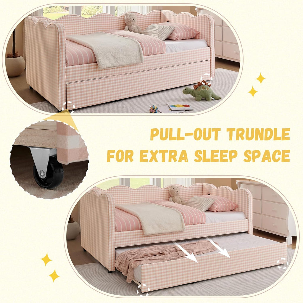 DEINPPA Twin Size Upholstered Daybed with Trundle, Gingham Daybed with USB Ports for Bedroom Living Room Guest Room-Pink