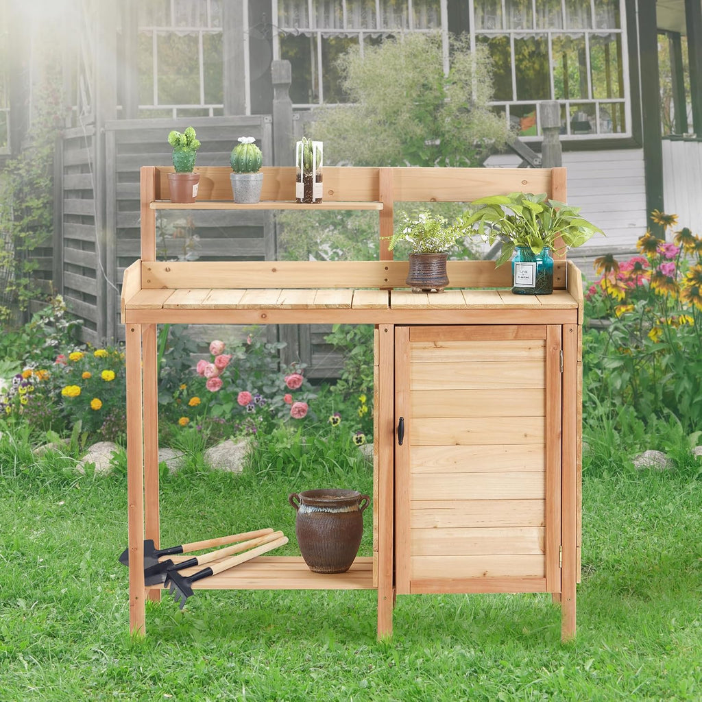 Outdoor Potting Bench Table with Sink and Storage Cabinet - Gardening Workstation for Patio and Lawn Organization with Sliding Tabletop and Tool Hooks