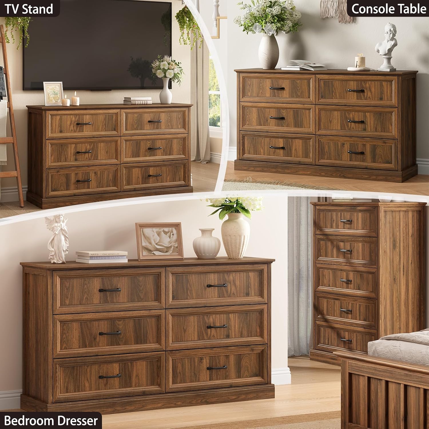 Farmhouse 6 Drawer Dresser for Bedroom, 55 Inch Wide Modern Walnut Dresser TV Stand with Large Drawers & Bar Handles, Rustic Wood Chest of Drawers for Bedroom, Living Room, Hallway, Entryway.